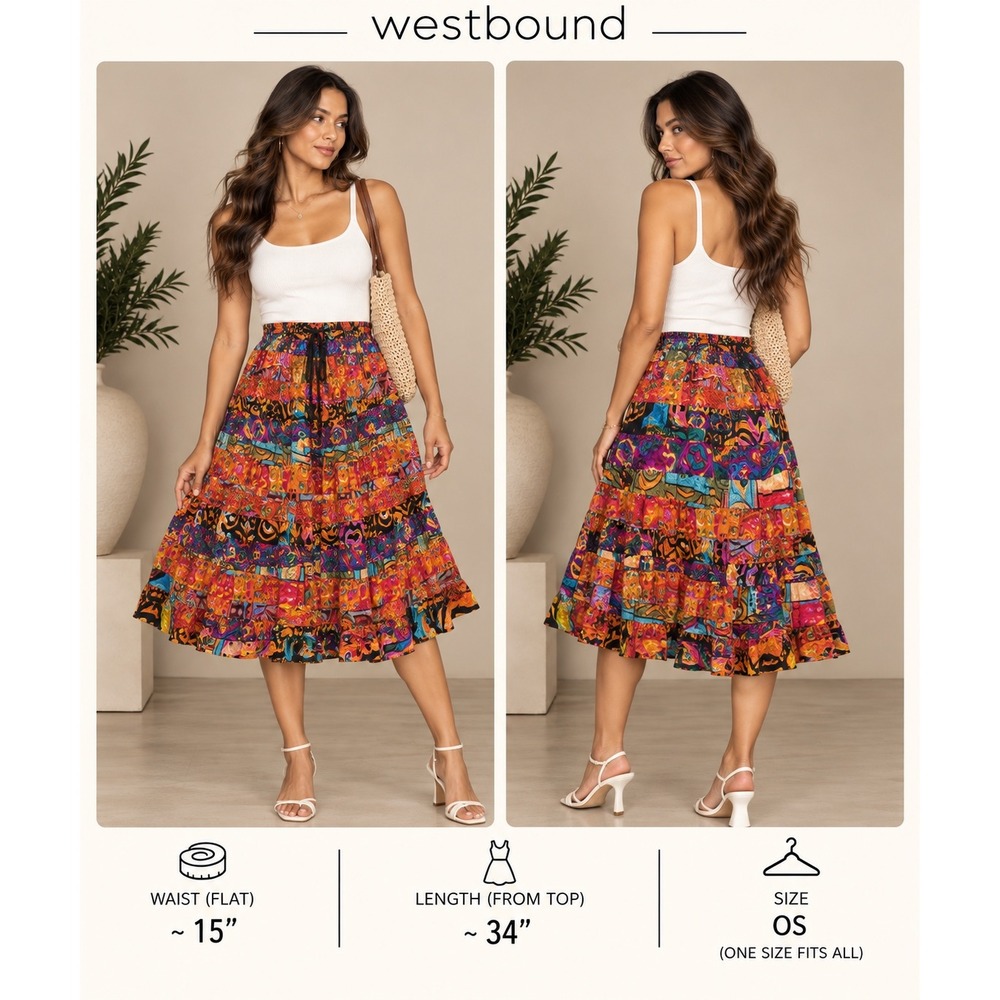 Westbound Cotton Patchwork Tiered Midi Skirt Multi-Color One Size OS Boho